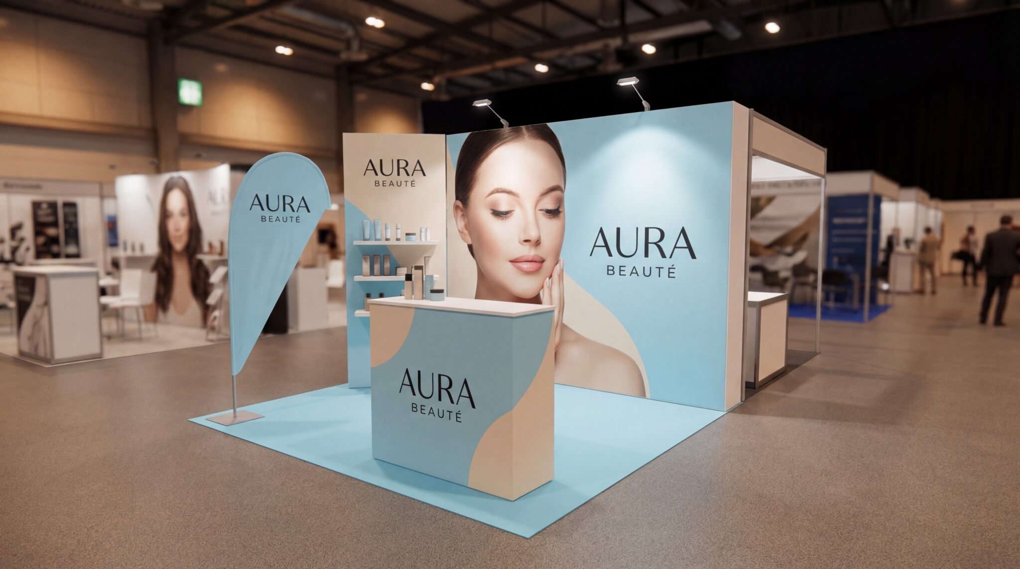 Stand exposition cosmétique design pastel bleu beige avec comptoir personnalisé et visuel marque beauté salon professionnel