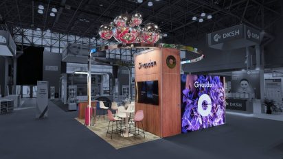Modular stand for Givaudan at the NYSCC show with a high storage area, a light box
