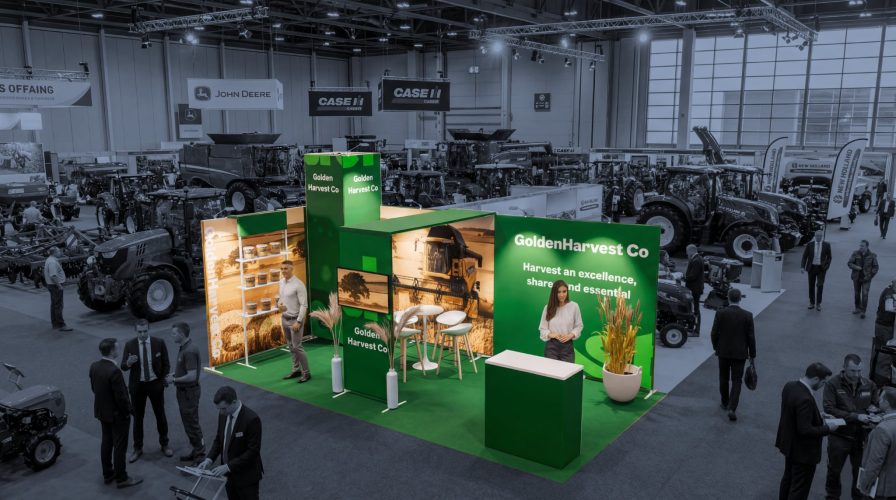 Stand tubulaire modulaire pour salon professionnel agriculture avec exposants équipements agricoles