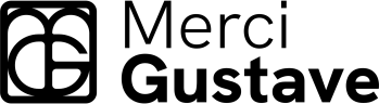 Logo Merci Gustave reprenant les lettres M et G en s'inspirant de la ferronnerie de la Tour Eiffel avec à droite le nom Merci Gustave